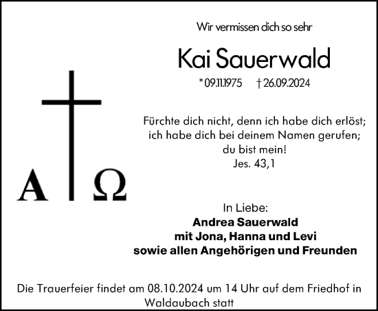 Traueranzeige von Kai Sauerwald von Dill Block