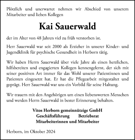 Traueranzeige von Kai Sauerwald von Dill Block