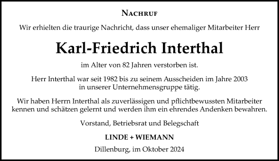 Traueranzeige von Karl-Friedrich Interthal von Dill Block