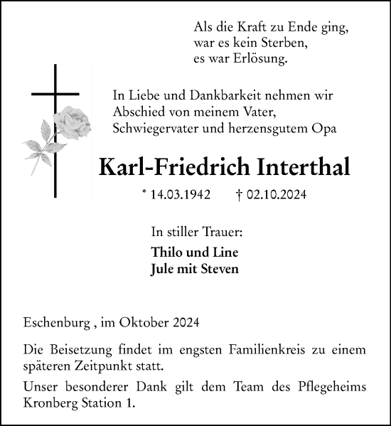 Traueranzeige von Karl-Friedrich Interthal von Dill Block