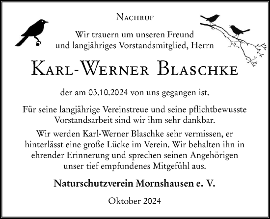Traueranzeige von Karl-Werner Blaschke von Hinterländer Anzeiger