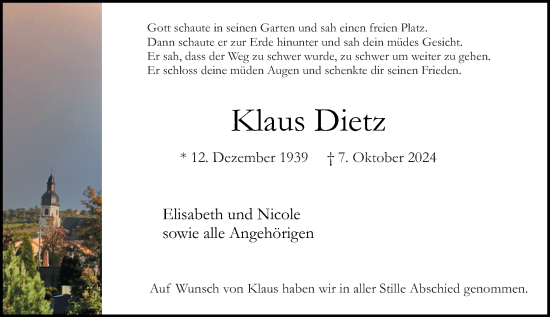 Traueranzeige von Klaus Dietz von Allgemeine Zeitung Rheinhessen-Nahe