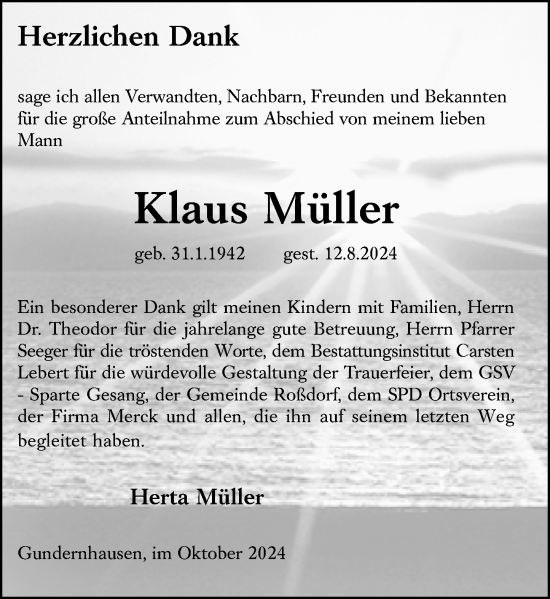 Traueranzeige von Klaus Müller von Darmstädter Echo