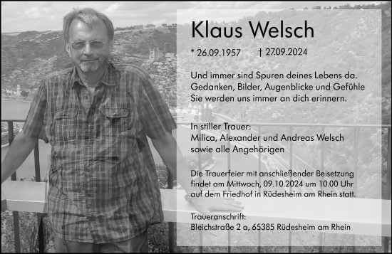 Traueranzeige von Klaus Welsch von Wiesbadener Kurier