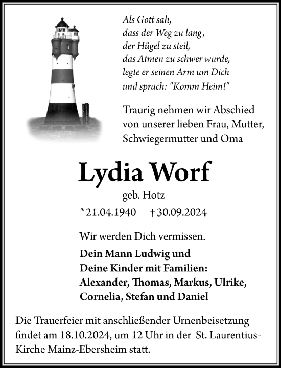 Traueranzeige von Lydia Worf von Allgemeine Zeitung Mainz