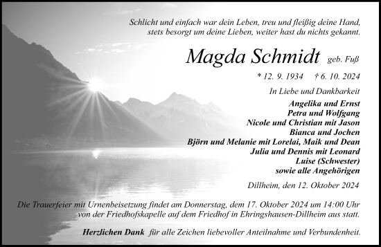 Traueranzeige von Magda Schmidt von Wetzlarer Neue Zeitung
