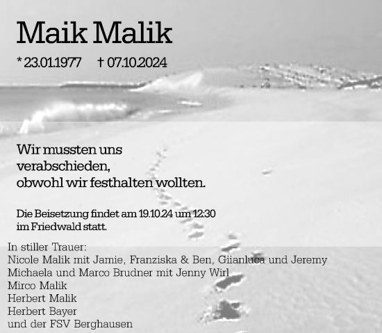 Traueranzeige von Maik Malik von Dill Block