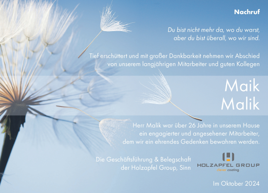 Traueranzeige von Maik Malik von Dill Block