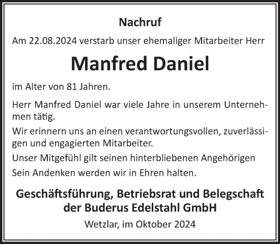Traueranzeige von Manfred Daniel von Wetzlarer Neue Zeitung