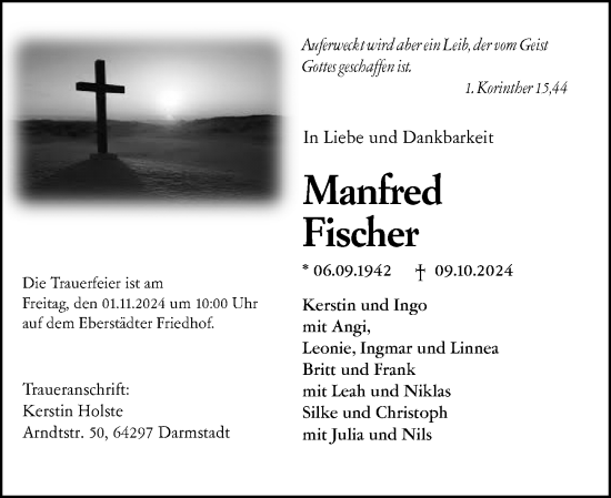 Traueranzeige von Manfred Fischer von Darmstädter Echo