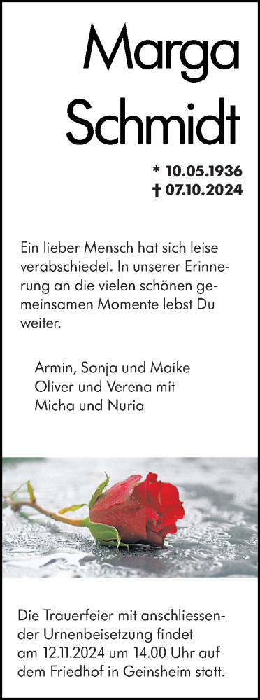 Traueranzeige von Marga Schmidt von Rüsselsheimer Echo