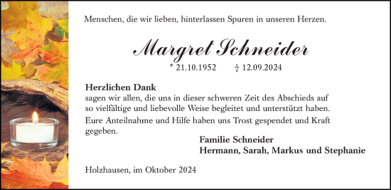 Traueranzeige von Margret Schneider von Hinterländer Anzeiger