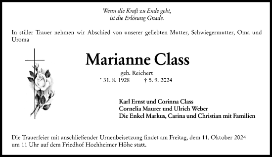 Traueranzeige von Marianne Class von Wormser Zeitung