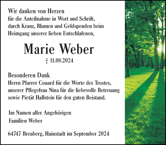 Traueranzeige von Marie Weber von Odenwälder Echo