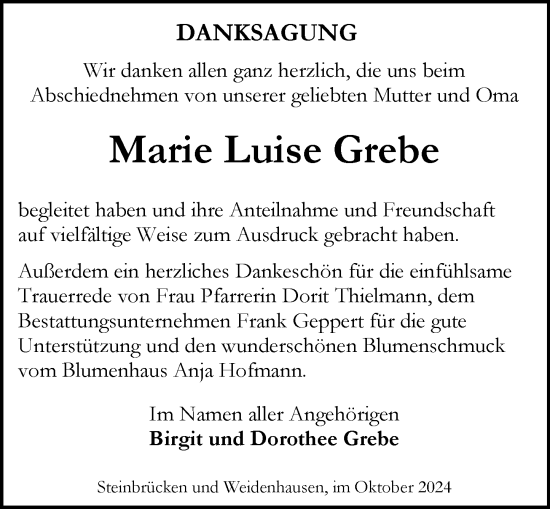 Traueranzeige von Marie Luise Grebe von Dill Block
