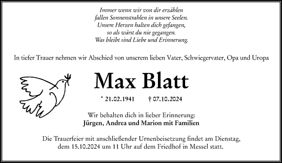 Traueranzeige von Max Blatt von Darmstädter Echo