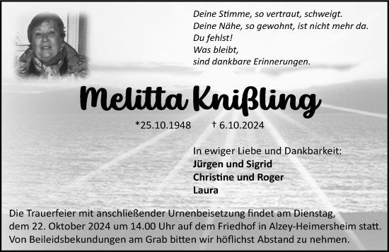Traueranzeige von Melitta Knißling von Allgemeine Zeitung Alzey