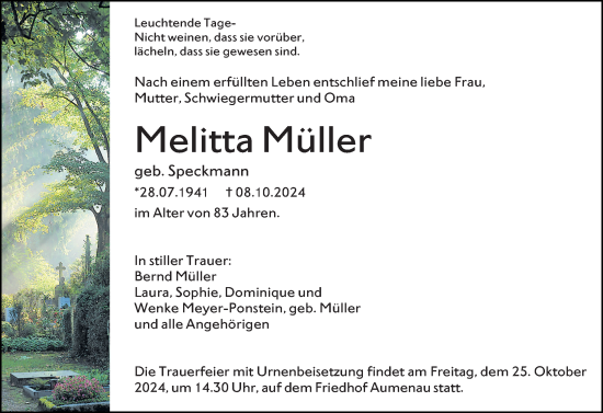 Traueranzeige von Melitta Müller von Nassauische Neue Presse