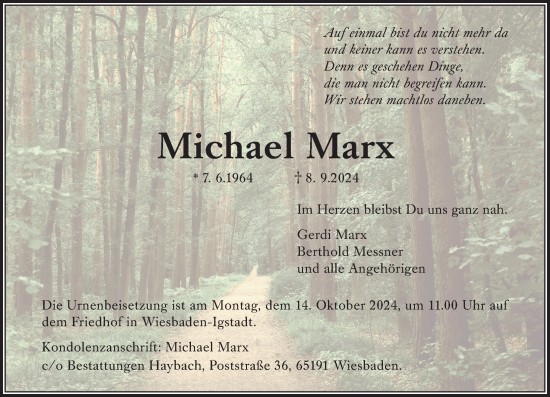 Traueranzeige von Michael Marx von Wiesbadener Kurier