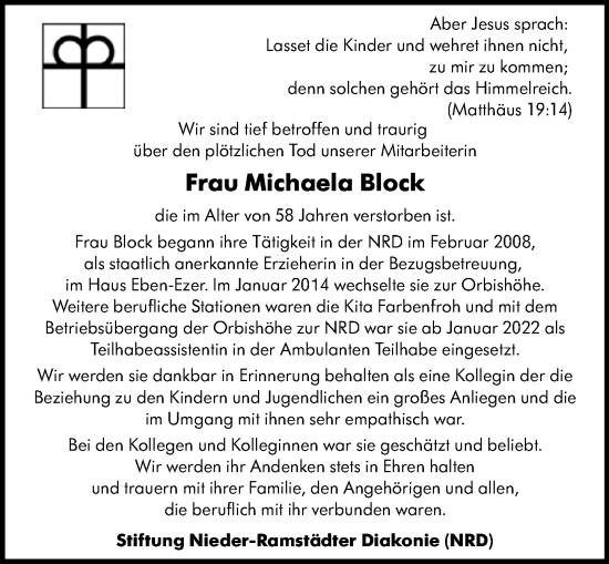 Traueranzeige von Michaela Block von Darmstädter Echo