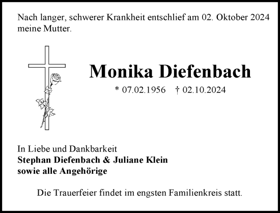 Traueranzeige von Monika Diefenbach von Allgemeine Zeitung Mainz