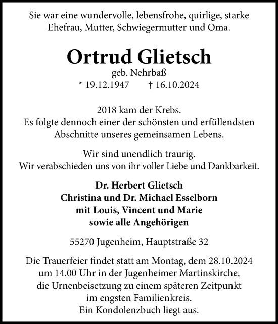 Traueranzeige von Ortrud Glietsch von Allgemeine Zeitung Rheinhessen-Nahe