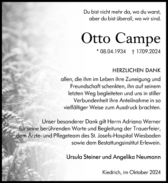 Traueranzeige von Otto Campe von Wiesbadener Kurier