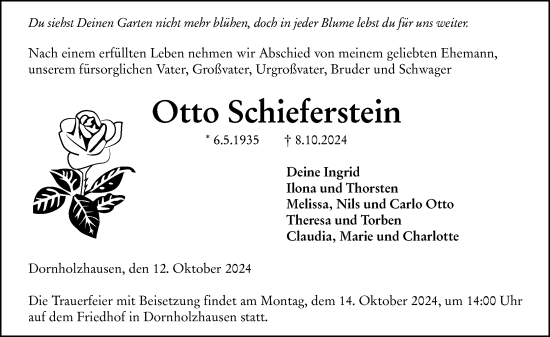 Traueranzeige von Otto Schieferstein von Wetzlarer Neue Zeitung