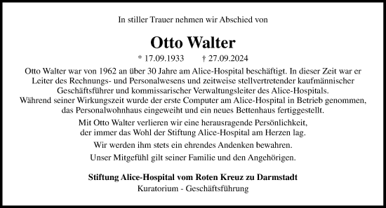 Traueranzeige von Otto Walter von Darmstädter Echo