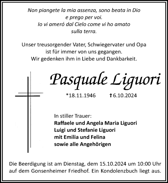 Traueranzeige von Pasquale Liguori von Allgemeine Zeitung Mainz