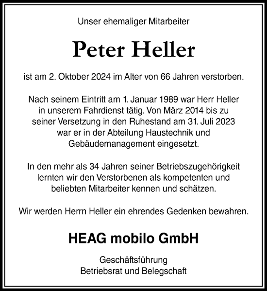 Traueranzeige von Peter Heller von Darmstädter Echo