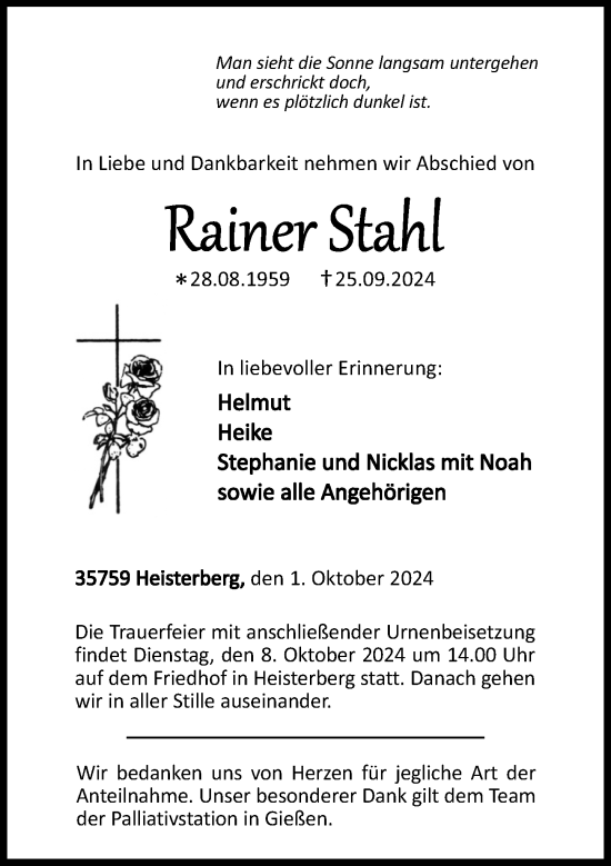 Traueranzeige von Rainer Stahl von Dill Block