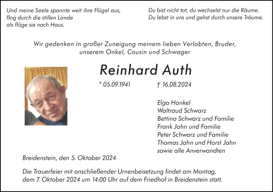 Traueranzeige von Reinhard Auth von Hinterländer Anzeiger