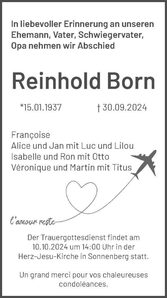 Traueranzeige von Reinhold Born von Wiesbadener Kurier