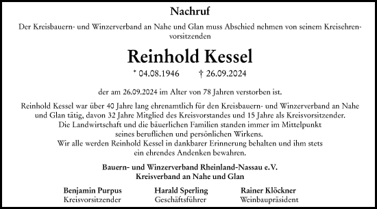 Traueranzeige von Reinhold Kessel von Allgemeine Zeitung Rheinhessen-Nahe