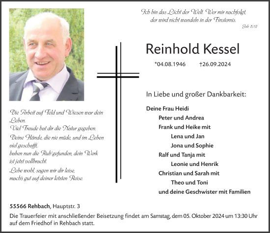 Traueranzeige von Reinhold Kessel von Allgemeine Zeitung Rheinhessen-Nahe