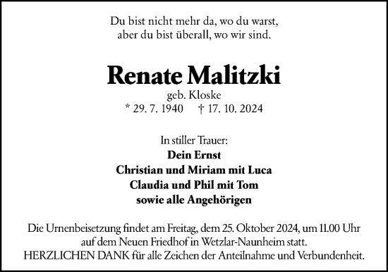 Traueranzeige von Renate Malitzki von Wetzlarer Neue Zeitung