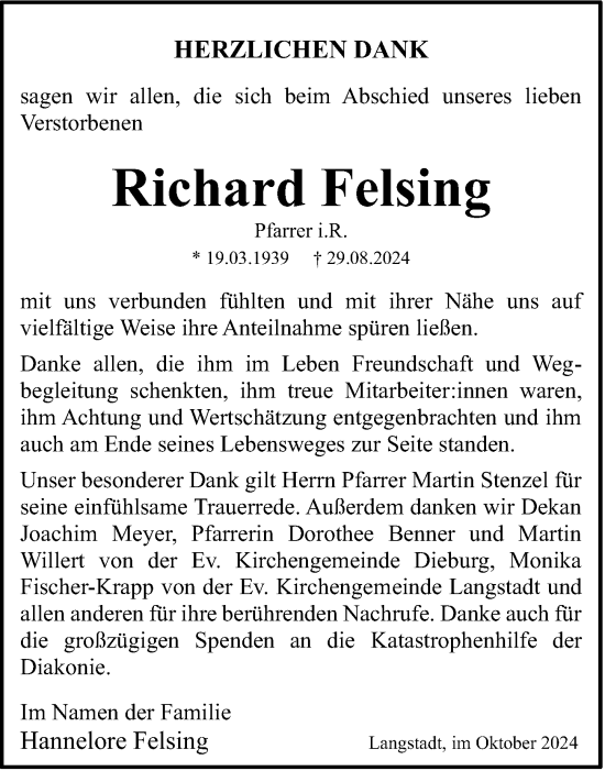 Traueranzeige von Richard Felsing von Dieburger Anzeiger/Groß-Zimmerner Lokal-Anzeiger
