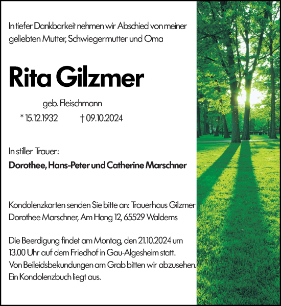Traueranzeige von Rita Gilzmer von Allgemeine Zeitung Rheinhessen-Nahe