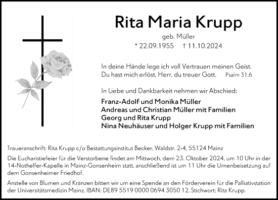 Traueranzeige von Rita Maria Krupp von Allgemeine Zeitung Mainz