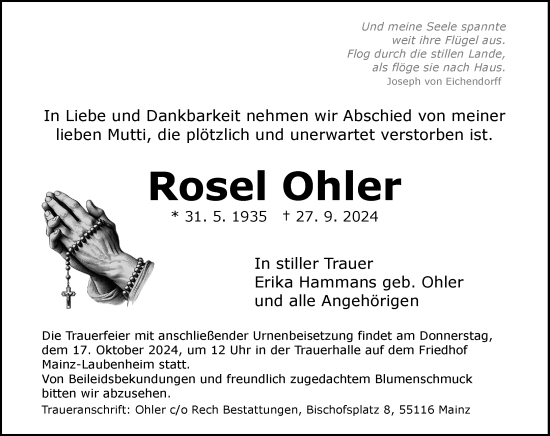 Traueranzeige von Rosel Ohler von Allgemeine Zeitung Mainz