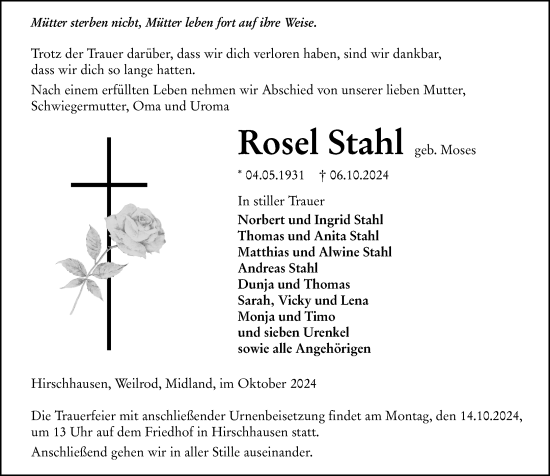 Traueranzeige von Rosel Stahl von Weilburger Tageblatt