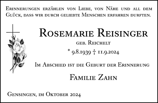 Traueranzeige von Rosemarie Reisinger von Allgemeine Zeitung Rheinhessen-Nahe