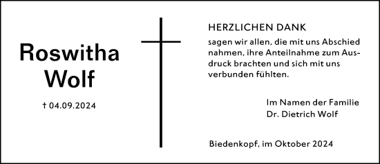 Traueranzeige von Roswitha Wolf von Hinterländer Anzeiger