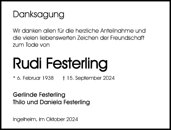 Traueranzeige von Rudi Festerling von Allgemeine Zeitung Rheinhessen-Nahe