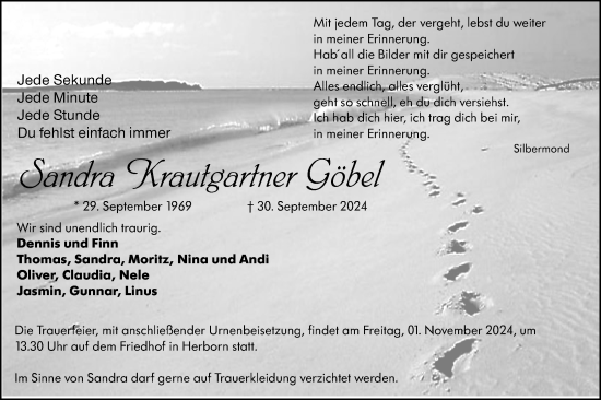 Traueranzeige von Sandra  Krautgartner Göbel von Dill Block