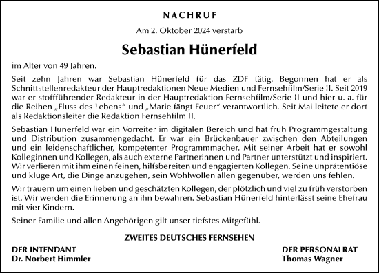 Traueranzeige von Sebastian Hünerfeld von Allgemeine Zeitung Mainz