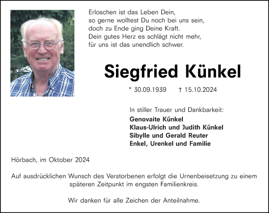 Traueranzeige von Siegfried Künkel von Dill Block