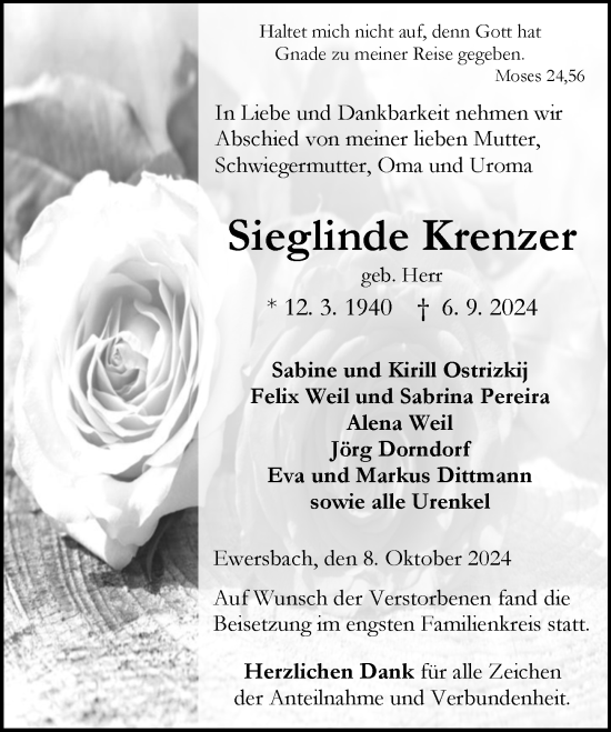 Traueranzeige von Sieglinde Krenzer von Dill Block