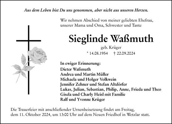 Traueranzeige von Sieglinde Waßmuth von Wetzlarer Neue Zeitung